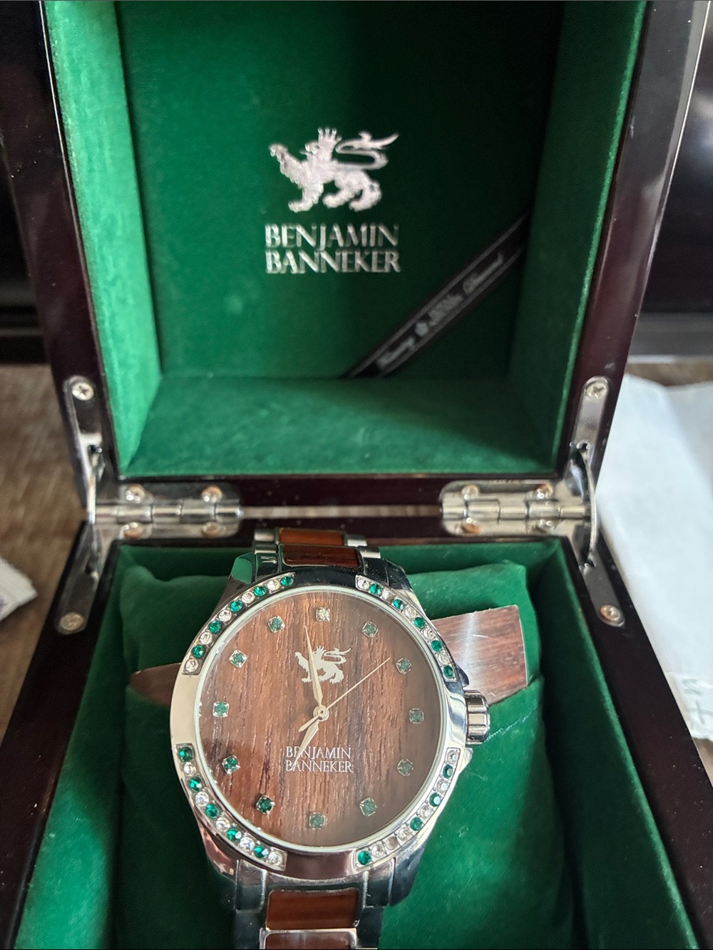 Men's Wood Accent Watch in Brown and Silver with Green Stones
